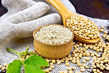 Image showing Flour soy in bowl with soybeans on dark board