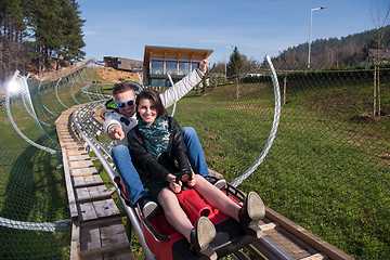 Image showing couple enjoys driving on alpine coaster