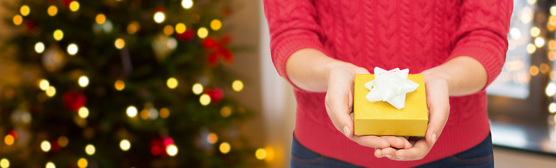 Image showing close up of woman hands holding christmas gift