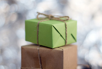 Image showing Gift boxes on wooden table