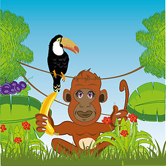 Image showing Green jungle and ape with banana.Vector illustration