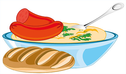 Image showing Mashed potatoes with sausage in plate and bread
