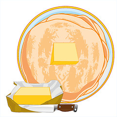 Image showing Pancakes on plate and cream butter.Vector illustration