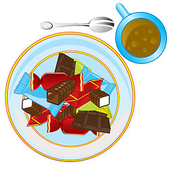 Image showing Vector illustration of the sweetmeats on plates and tea