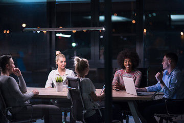 Image showing Multiethnic startup business team in night office