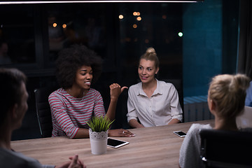 Image showing Multiethnic startup business team in night office