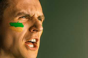 Image showing Portrait of a man with the flag of the Brazil painted on him face.