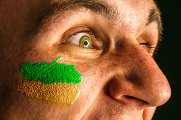 Image showing Portrait of a man with the flag of the Brazil painted on him face.