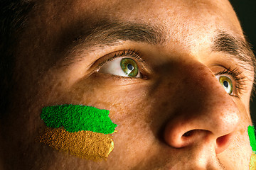 Image showing Portrait of a man with the flag of the Brazil painted on him face.