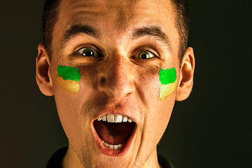 Image showing Portrait of a man with the flag of the Brazil painted on him face.