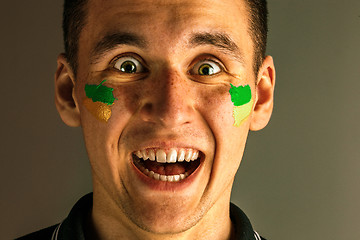 Image showing Portrait of a man with the flag of the Brazil painted on him face.