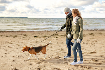 Image showing happy couple with beagle dog on autumn beach