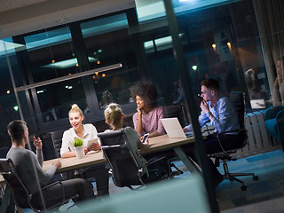 Image showing Multiethnic startup business team in night office