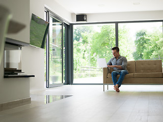 Image showing Man using laptop in living room