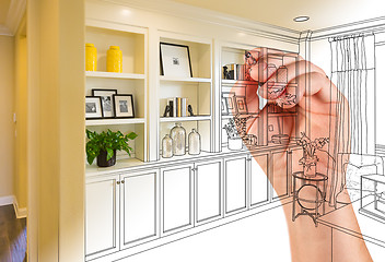 Image showing Hand Drawing Home Built-in Shelves and Cabinets with Photo Cross