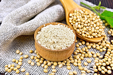 Image showing Flour soy in bowl with spoon on dark board