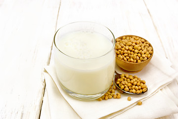 Image showing Milk soy in glass on board
