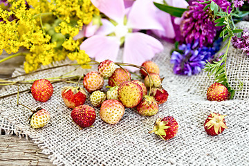 Image showing Strawberries with flowers on burlap