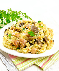 Image showing Risotto with mushrooms and chicken on towel