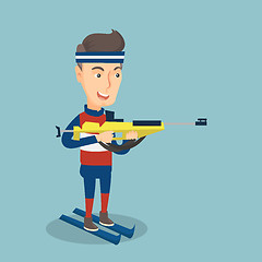 Image showing Cheerful biathlon runner aiming at the target.