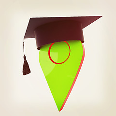 Image showing Geo pin with graduation hat on white. School sign, geolocation a