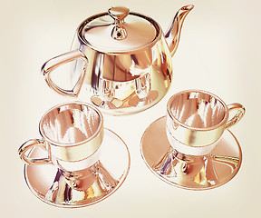 Image showing Chrome Teapot and mugs. 3d illustration. Vintage style