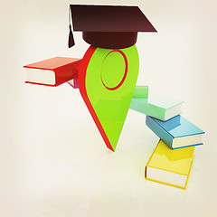 Image showing Pointer of education in graduation hat with books around. 3d ill