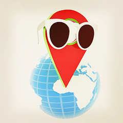 Image showing Glamour map pointer in sunglasses on Earth. 3d illustration. Vin