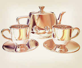 Image showing Chrome Teapot and mugs. 3d illustration. Vintage style