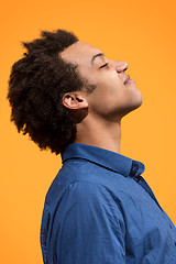 Image showing The happy business man standing and smiling against orange background.