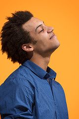 Image showing The happy business man standing and smiling against orange background.