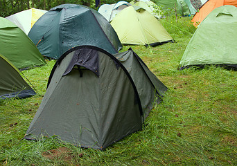 Image showing camping outdoor with tent in woods in summer