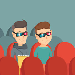 Image showing Happy friends watching 3D movie in the theatre.