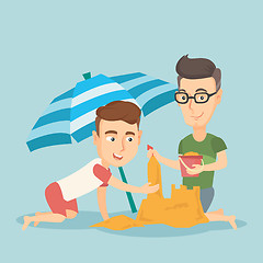 Image showing Male friends building sandcastle on the beach.