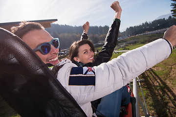 Image showing couple enjoys driving on alpine coaster