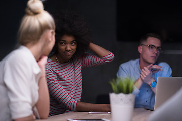 Image showing Multiethnic startup business team in night office