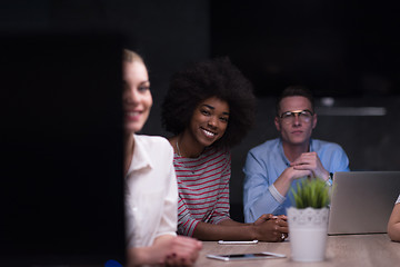 Image showing Multiethnic startup business team in night office