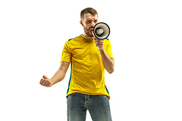 Image showing Brazilian fan celebrating on white background