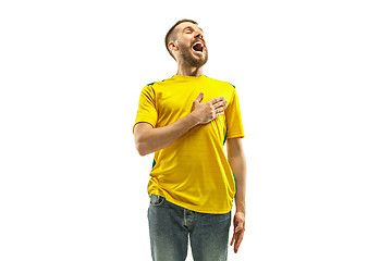 Image showing Brazilian fan celebrating on white background