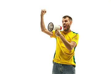 Image showing Brazilian fan celebrating on white background