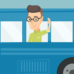 Image showing Man waving hand from bus window.