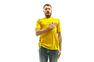 Image showing Brazilian fan celebrating on white background