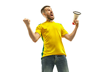 Image showing Brazilian fan celebrating on white background