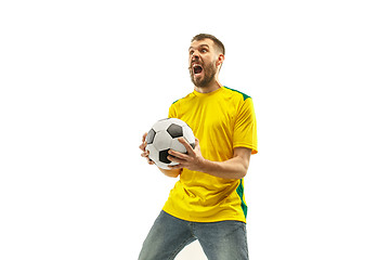 Image showing Brazilian fan celebrating on white background