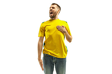 Image showing Brazilian fan celebrating on white background