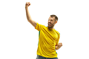 Image showing Brazilian fan celebrating on white background