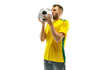 Image showing Brazilian fan celebrating on white background