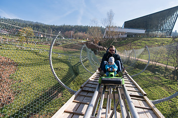 Image showing father and son enjoys driving on alpine coaster