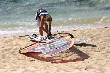 Image showing On shore preparations for windsurfing