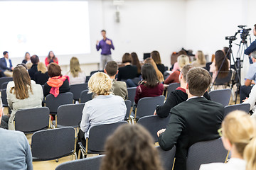 Image showing Media interview and round table discussion at popular scientific conference.